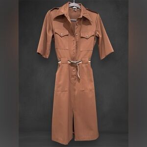 Vintage 1970s Ellen Tracy Brown Military Style Dress w/ Belt Size 9/10